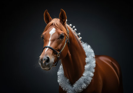 Elegant brown horse adorned with festive silver tinsel garland and sparkling decorations against a dark background.の素材