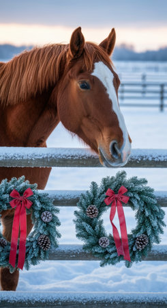 Chestnut horse standing by snowy fence decorated with festive evergreen wreaths and red bows during winter sunrise.の素材