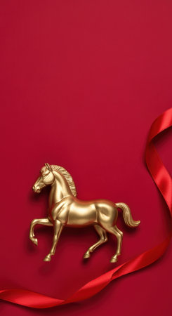 Golden horse figurine on vibrant red background with satin ribbon, symbolizing festive celebration and good fortune.の素材