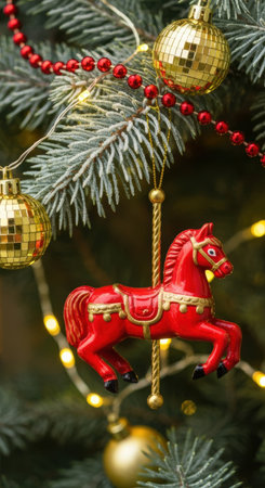 Red horse ornament hanging on evergreen christmas tree with gold baubles, festive lights, and decorative red bead garland.の素材