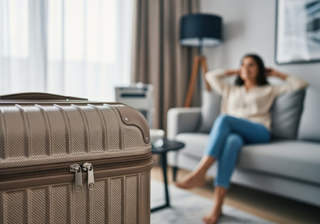 Relaxed woman sitting on couch at home with suitcase in foreground, preparing for travel and enjoying comfortable modern interior.の素材
