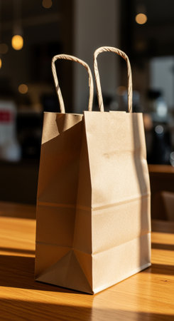 Eco friendly kraft paper shopping bag standing on wooden table in sunlight with minimalist modern cafe background.の素材