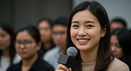 Smiling young woman holding microphone during seminar, engaging audience in interactive session with confident and positive demeanor.の素材