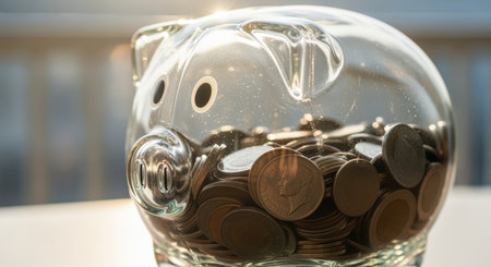 Clear glass piggy bank filled with assorted coins sits on a bright surface, symbolizing savings, investments, and financial security.の素材