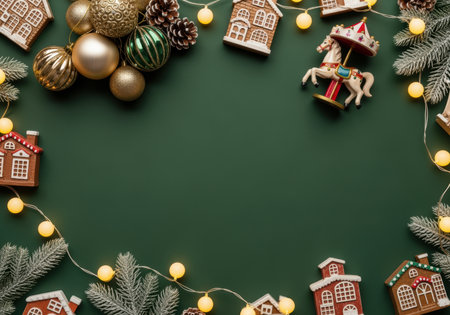 Festive gingerbread houses, christmas ornaments, and lights arranged on green background with fir branches for holiday celebration.の素材