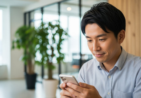Smiling young Asian man using smartphone in modern office environment, focusing on communication and digital connection indoors.の素材