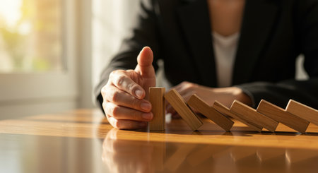 Business professional halting falling wooden dominoes on a desk, symbolizing risk management, prevention, and crisis intervention.の素材