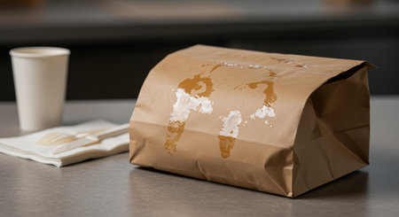 Grease stained brown paper takeout bag on counter with white disposable cup and eco friendly cutlery for fast food delivery.の素材