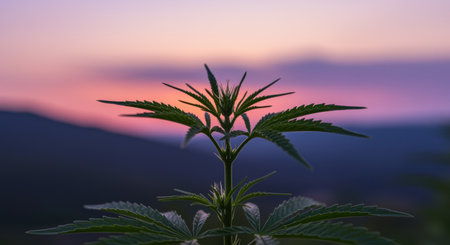 Cannabis plant leaves silhouetted against a colorful sunset sky with blurred mountains in the peaceful natural outdoor background.の素材