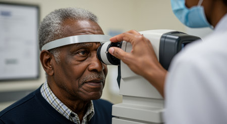 Senior man undergoing eye examination with advanced optical device by healthcare professional in modern medical clinic.の素材