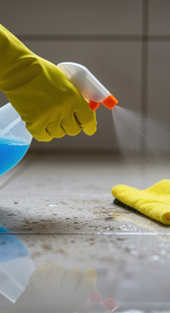 Person wearing yellow gloves spraying disinfectant cleaner on a tiled surface with a microfiber cloth for sanitation and hygiene.の素材