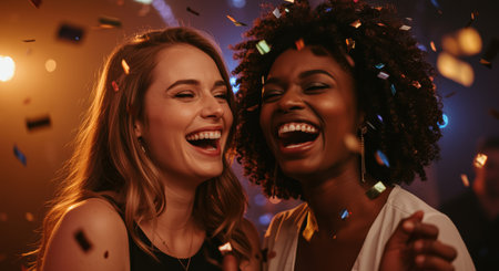Two joyful women laughing together surrounded by falling confetti in a vibrant party atmosphere under warm lights.の素材