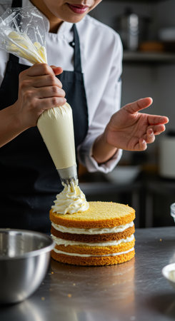 Pastry chef piping vanilla cream onto layered sponge cake in a professional kitchen for elegant dessert preparation.の素材