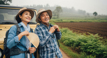 Smiling senior couple enjoying outdoor adventure in rural countryside with hats, casual clothing, greenery, and scenic landscape.の素材