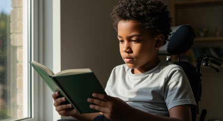 Young boy sitting in wheelchair by sunlit window reading book attentively in quiet home study space.の素材