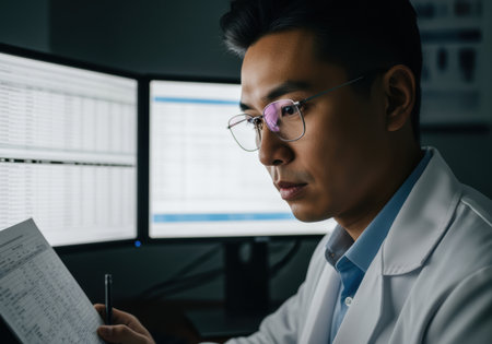 Focused medical professional analyzing data on multiple screens in a dimly lit office for clinical research and patient care.の素材