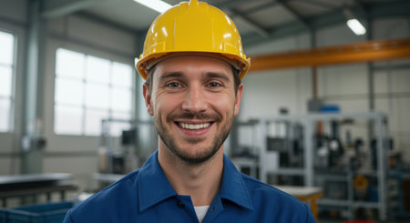 Smiling male industrial worker wearing a yellow safety helmet standing in a modern manufacturing facility with machinery in background.の素材