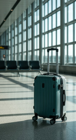 Modern teal suitcase stands alone in large sunlit terminal, rolling luggage in empty contemporary airport with floor to ceiling windows.の素材