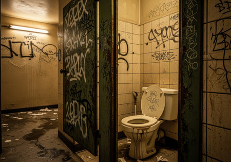 Urban decayed public restroom with graffiti covered walls, dirty floor, and exposed plumbing under harsh fluorescent lighting.の素材
