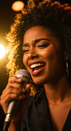 Energetic young woman singing passionately on stage under dramatic lighting during a vibrant live musical performance at night.の素材