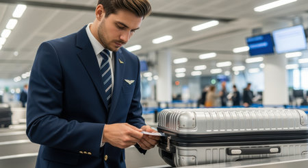 Airline pilot in uniform inspecting travel documents and luggage in modern airport terminal before international flight departure.の素材