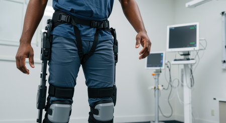 Man wearing advanced robotic exoskeleton suit for rehabilitation therapy in modern medical facility with diagnostic equipment.の素材