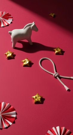 White toy horse near gold stars and rope on bold red surface with festive paper pinwheels, minimalist christmas holiday decor.の素材