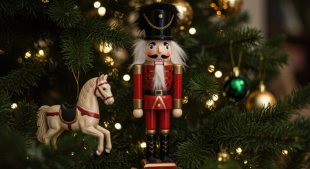 Classic wooden nutcracker soldier and horse ornament hanging on decorated christmas tree with festive lights in the background.の素材