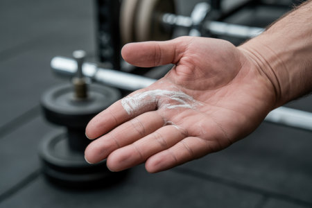 Athlete preparing for weightlifting with chalked hands in gym, focusing on hand strength and fitness training details.の素材