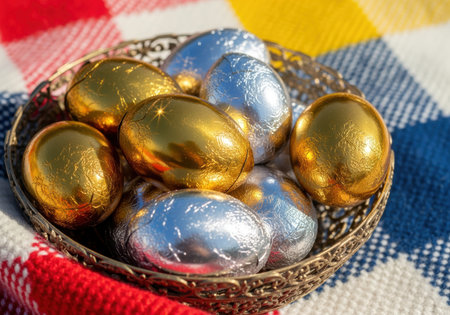 Shiny golden and silver foil wrapped eggs arranged in a decorative metal bowl on a colorful picnic blanket outdoors in sunlight.の素材