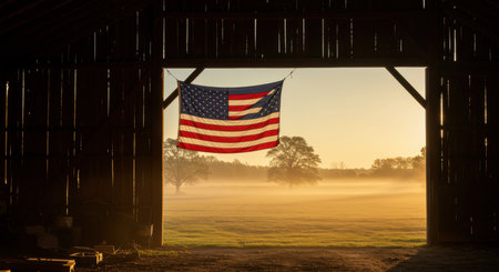 American flag hanging in rustic barn doorway at sunrise with misty field and silhouetted trees in peaceful countryside morning.の素材