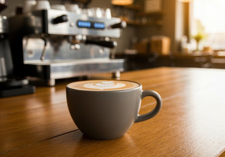 Creamy cappuccino with latte art in a white cup on wooden cafe table, espresso machine in modern coffee shop background.の素材