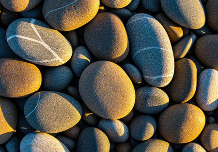 Smooth rounded pebbles with striped patterns lit by warm sunlight, creating a natural textured surface in an outdoor environment.の素材