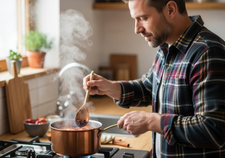Handsome man stirring steaming soup in modern kitchen, preparing homemade meal with fresh ingredients and rustic charm.の素材
