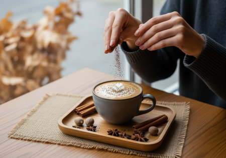 Woman adding cocoa powder on cinnamon latte with heart shaped foam art, cozy autumn setting, wooden table, natural lighting.の素材