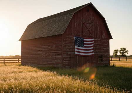Historic red barn with American flag at sunrise, surrounded by golden tall grass and rural wooden fence in peaceful countryside.の素材