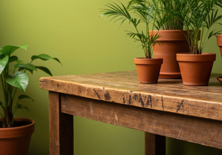 Rustic wooden table with assorted potted houseplants against a green wall in a cozy indoor setting.の素材