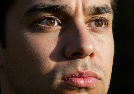 Close up of young man with intense brown eyes and stubble gazing thoughtfully in natural sunlight with a serious expression.の素材