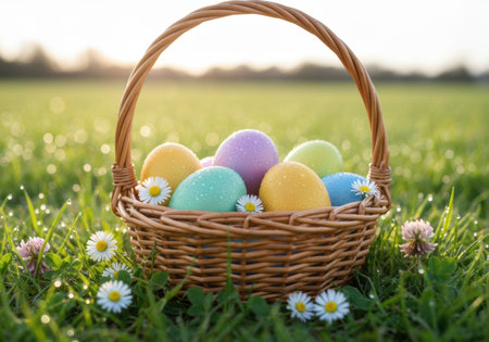 Vibrant pastel easter eggs in a wicker basket with fresh dew drops and wildflowers on green grass in spring morning sunlight.の素材