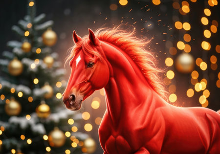 Majestic red horse standing near decorated christmas tree with glowing golden lights and festive holiday atmosphere.の素材