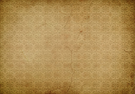 Vintage aged wallpaper with faded geometric floral patterns and distressed texture background.の素材