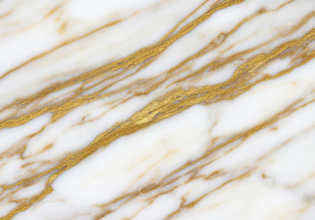 Elegant white marble surface with luxurious shimmering gold veining patterns and natural stone texture.の素材