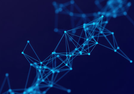 Abstract blue digital network connections forming a complex geometric pattern on a dark background.の素材