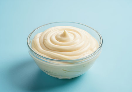Creamy mayonnaise swirl in a transparent glass bowl on a blue background showing smooth texture and appetizing appearance.の素材