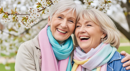 Smiling senior women embracing outdoors in spring, wearing pastel scarves, enjoying friendship and blooming cherry blossoms together.の素材