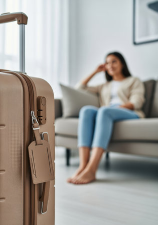 Modern traveler relaxing at home with packed suitcase, ready for journey, comfortable living room, travel planning concept.の素材