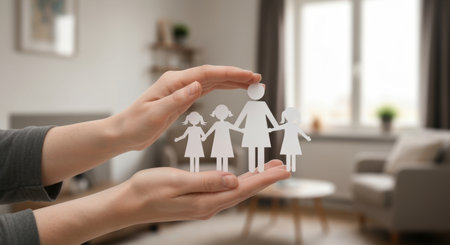 Protective hands sheltering a paper cut out family symbolizing safety, care, support, love, and togetherness in a cozy home.の素材