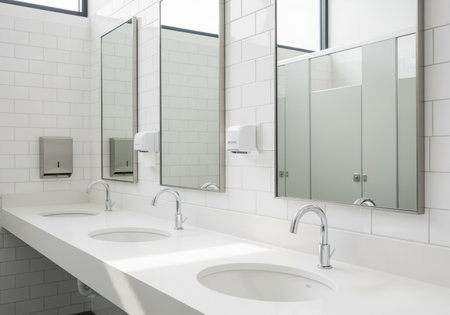 Modern public restroom with white tile walls, large mirrors, sinks, chrome faucets, and paper towel dispenser in natural light.の素材