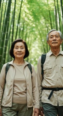 Senior couple hiking through a lush bamboo forest in daylight, wearing outdoor gear and backpacks, enjoying nature together.の素材