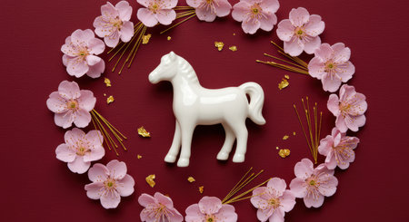 White ceramic horse surrounded by a circular arrangement of pink cherry blossoms and gold accents on a red background.の素材